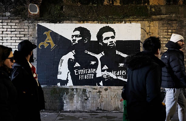 Mural of Ethan Nwaneri and Myles Lewis-Skelly outside the Emirates Stadium