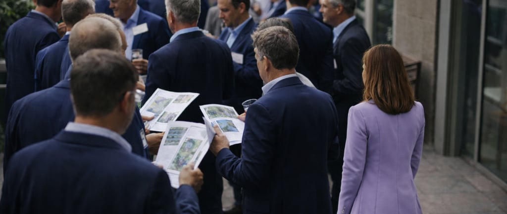 A woman in a lavender suit stands at the edge of a mining conference crowd, surrounded by men in navy blazers.