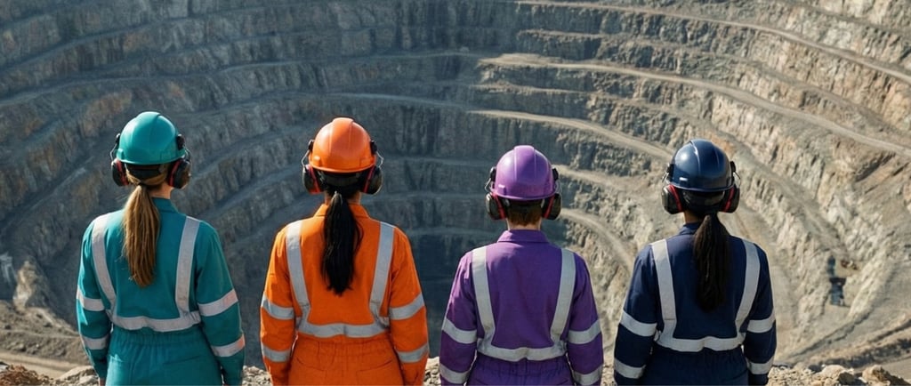 Four women in hard hats and high-visibility coveralls overlook a large open-pit mine, seen from behind.
