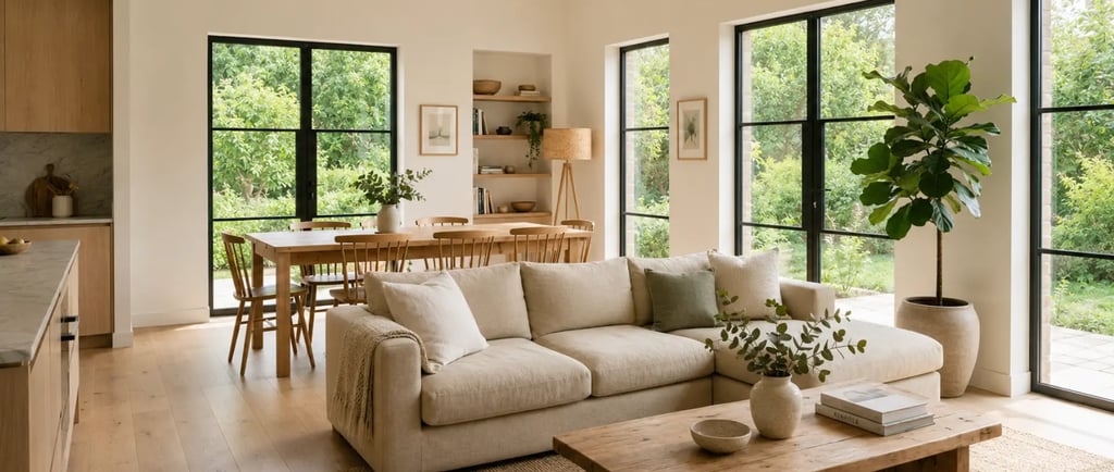 Zona living stile moderno, divano beige chiaro con penisola, tavolo da pranzo e tavolino da salotto in legno naturale