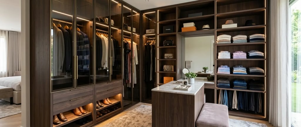 Cabina armadio elegante in legno scuro con led ricavata con cartongesso alle spalle del letto