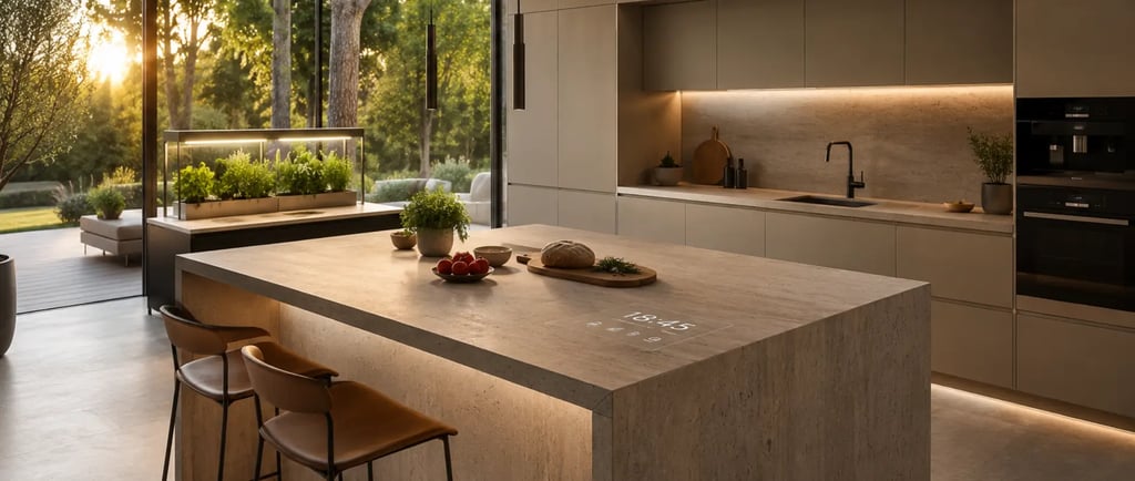 una cucina futuristica color sabbia senza maniglie, piano a induzione invisibile, serra per ortaggi e microgreens