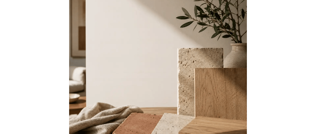 Campioni di materiali naturali per interior design con legno, pietra e finiture materiche