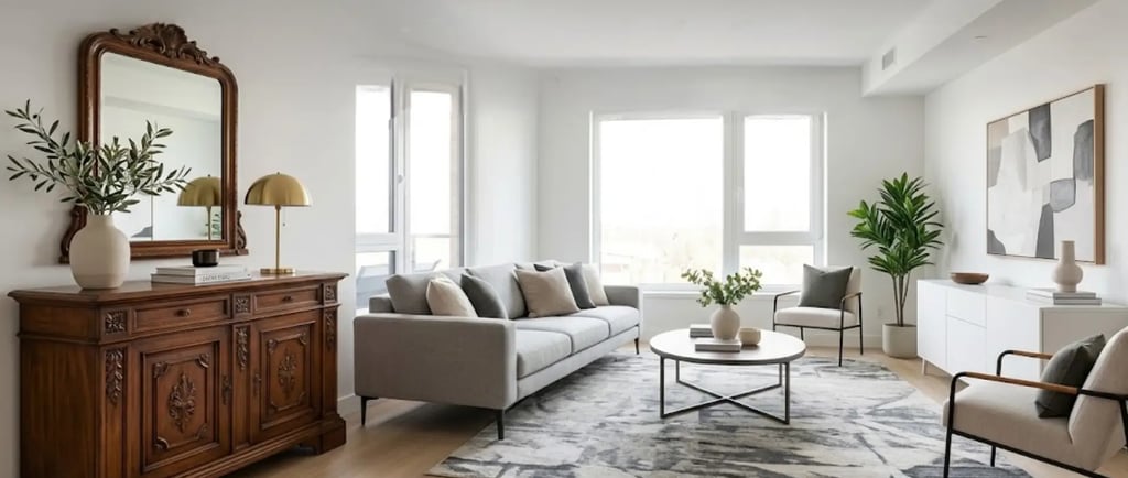 Una madia antica e massiccia perfettamente integrata in un living moderno e luminoso
