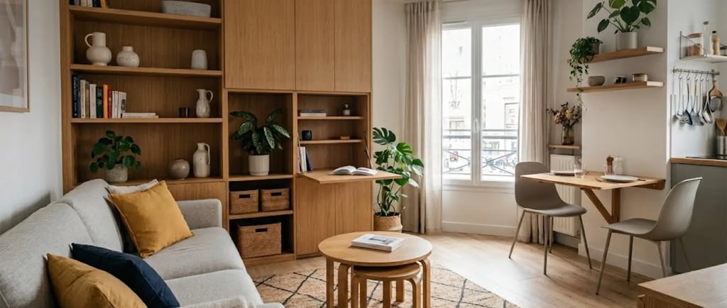 Moderno monolocale arredato con un divano grigio, librerie in legno e una piccola zona pranzo.