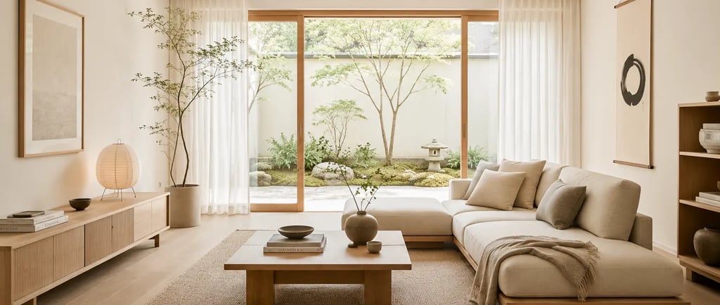 Un ambiente moderno arredato in stile Japandi con divano e tavolino bassi in legno chiaro