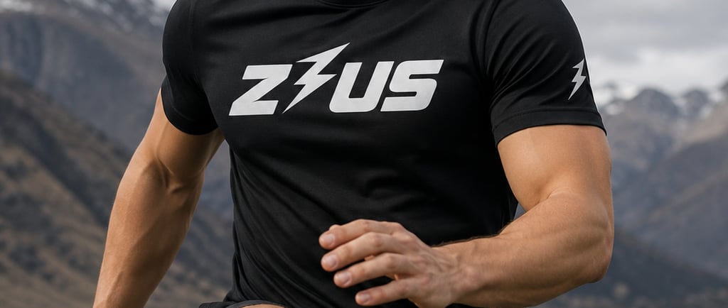 Male model wearing a Zeus Activewear quick dry gym shirt inside a gym, showcasing premium mens gym w