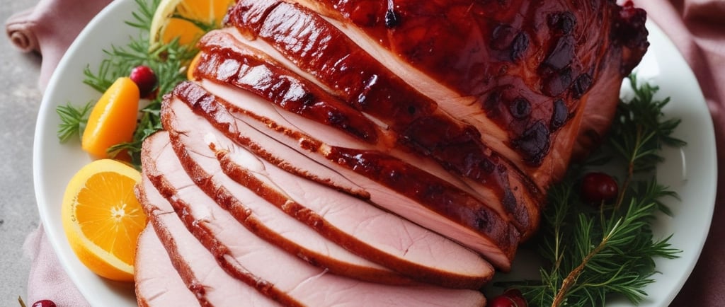 A juicy cranberry orange glazed ham on a rustic wooden platter, garnished with fresh cranberries and orange slices.