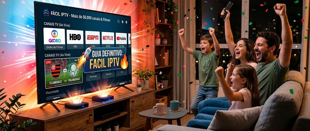 Uma família comemora alegremente um gol no sofá enquanto assiste a um jogo ao vivo em uma Smart TV