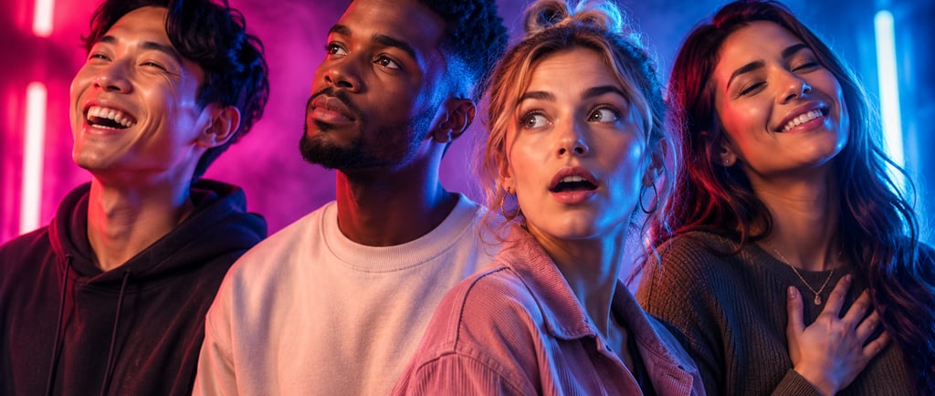 Diverse people expressing various emotions with colorful lighting - Emotion Idioms