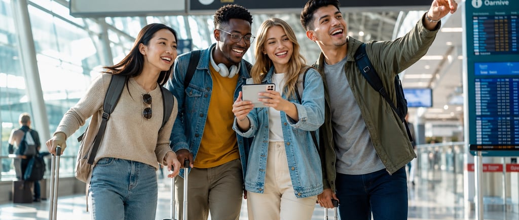 Diverse friends traveling with suitcases at the airport - Travel Idioms