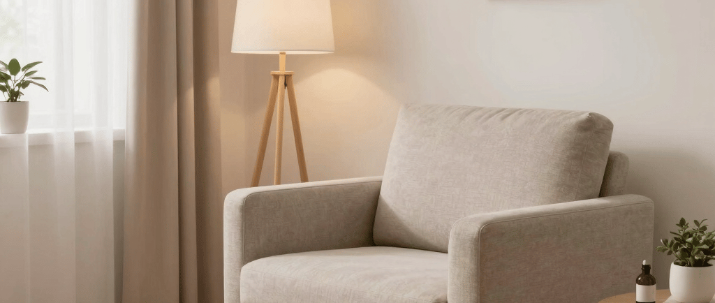A serene therapy room bathed in soft purple and gold light, inviting calm and comfort.