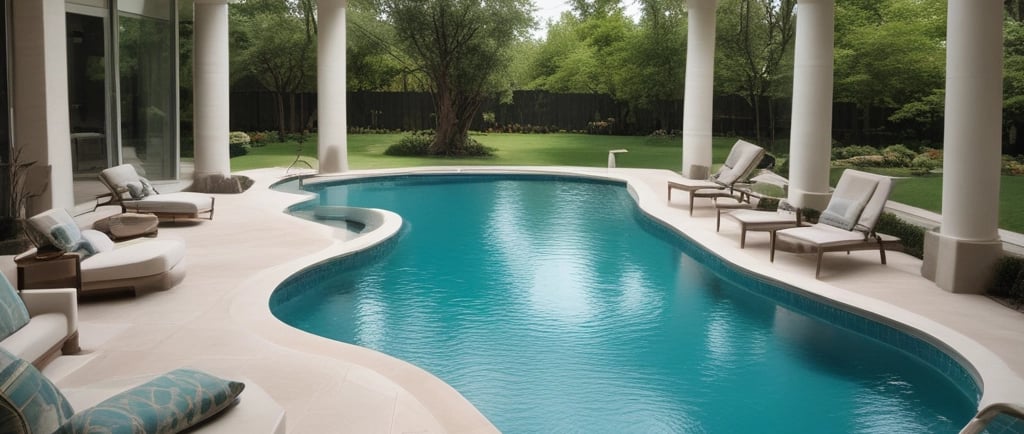 Luxury indoor-outdoor swimming pool with white lounge chairs and a modern skylight ceiling.