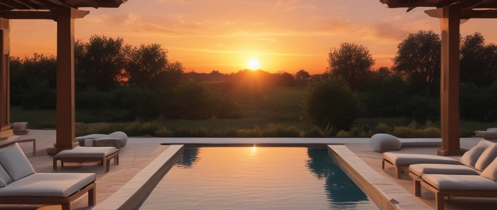 Luxury infinity pool at a modern resort with wooden lounge chairs during a golden sunset.