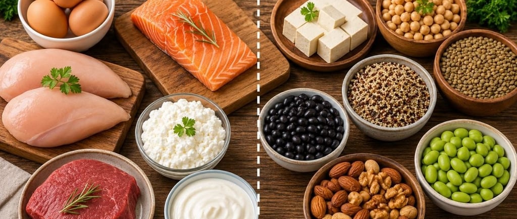 Comparison of animal-based and plant-based protein-rich foods on a healthy dining table.