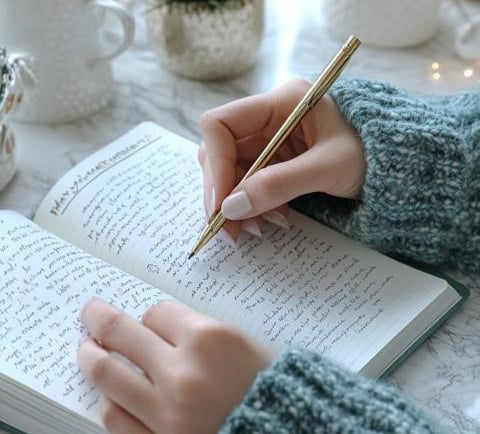 Main d'une jeune femme en train d'écrire dans son journal intime