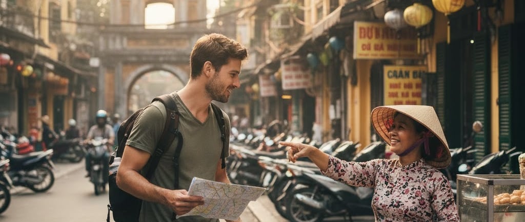 tourist in busy Vietnamese street, asking for directions