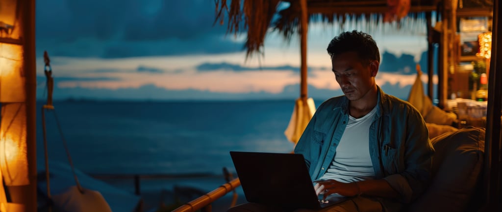 a digital nomad sitting on a couch with a laptop by the sea in Vietnam