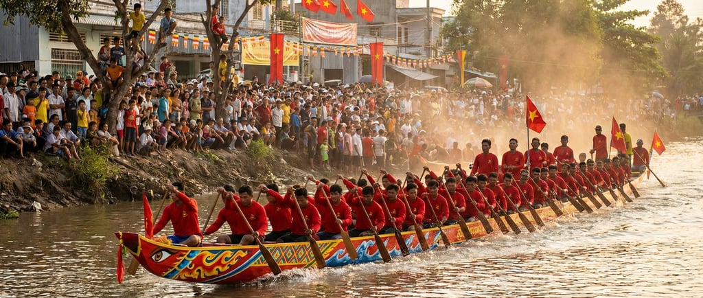 A long Khmer Ghe Ngo boat painted in bright traditional patterns races along the Maspero River durin