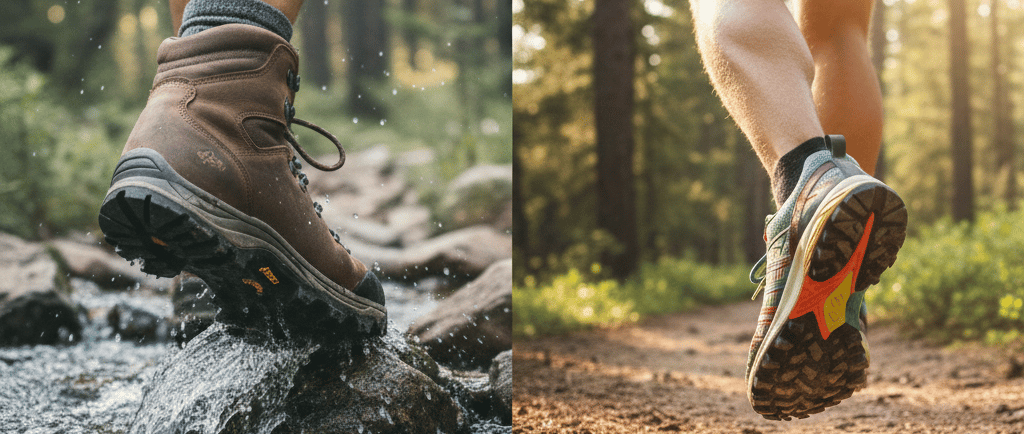Split picture. One side with close up of hiking boot. The other side with close up of trail runner shoes.