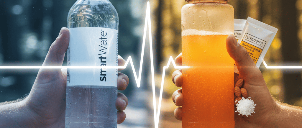 Two bottles, one with water and the other with an energy drink.