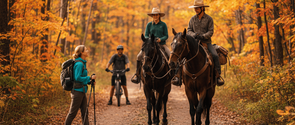Hiker talking to two horse riders on a trail in the woods.