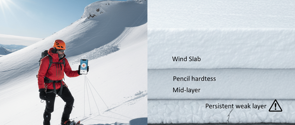 Hiker going up snow covered mountain.