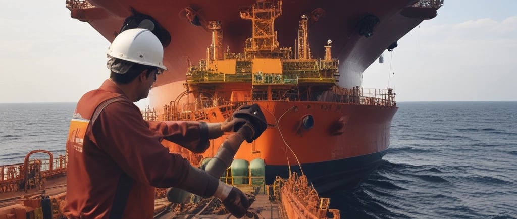 Underwater diver using advanced technology equipment near a submerged structure.