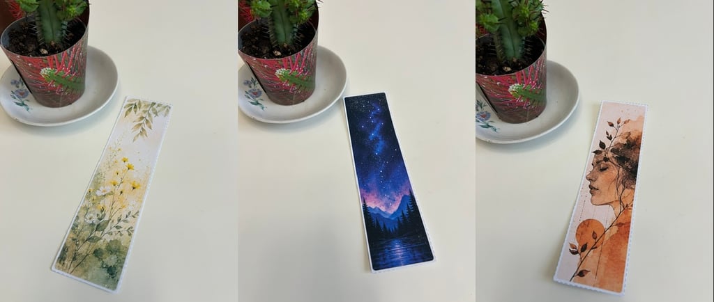 Three aesthetic bookmarks featuring floral, starry night, and portrait art next to a cactus.