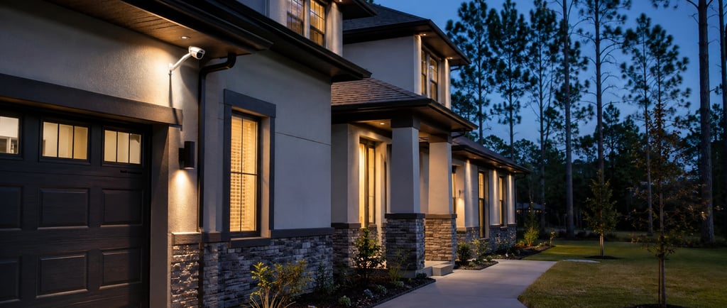 Modern luxury home exterior with professional outdoor lighting and security cameras at dusk.