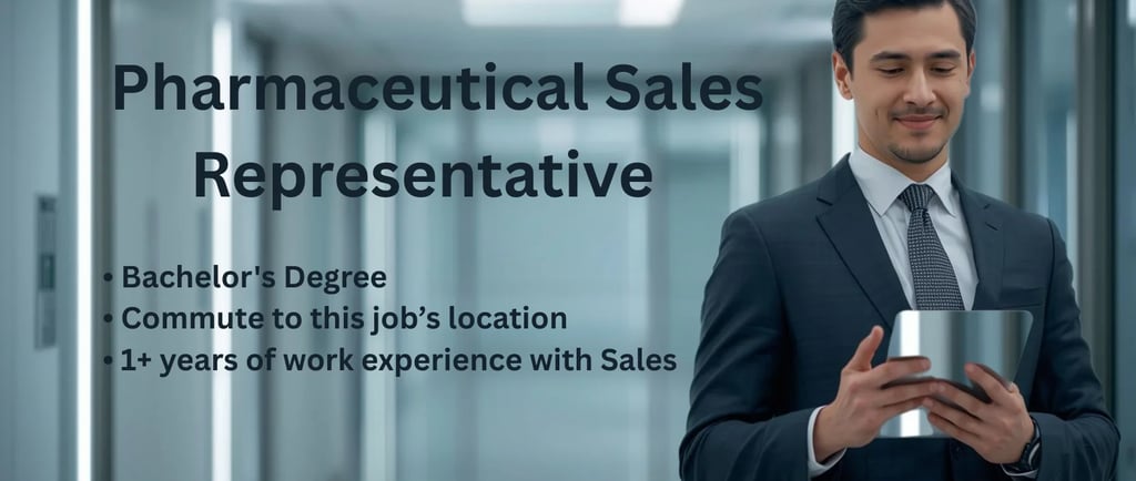 Job post for Pharmaceutical Sales Representative featuring a smiling man in a suit holding a tablet