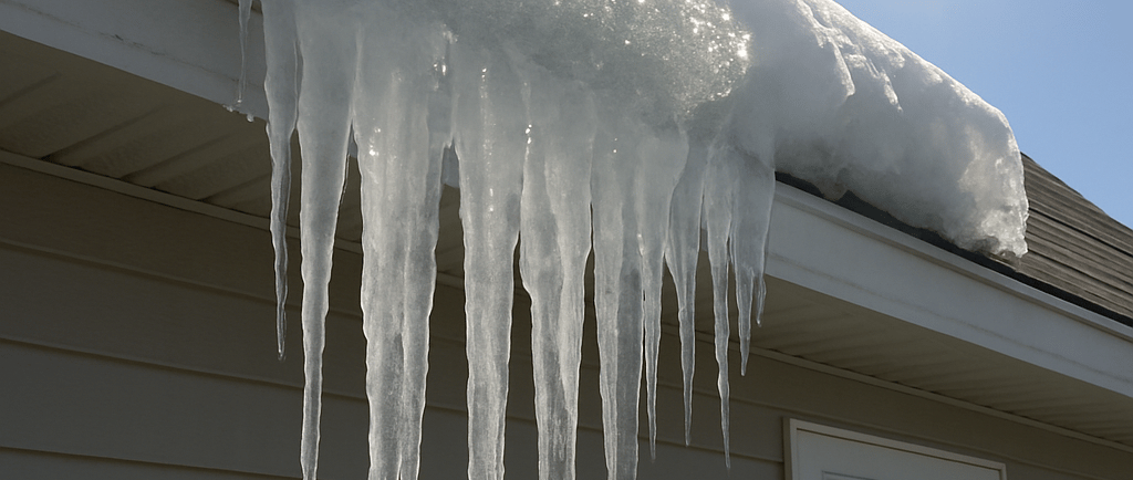 Ice dam on roof leak caused