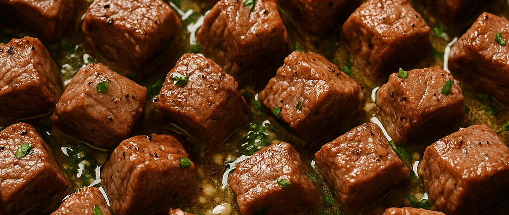 Garlic butter steak bites in pan