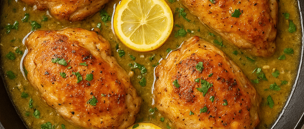One-pan lemon garlic chicken cooked in a skillet, a quick family-friendly weeknight dinner
