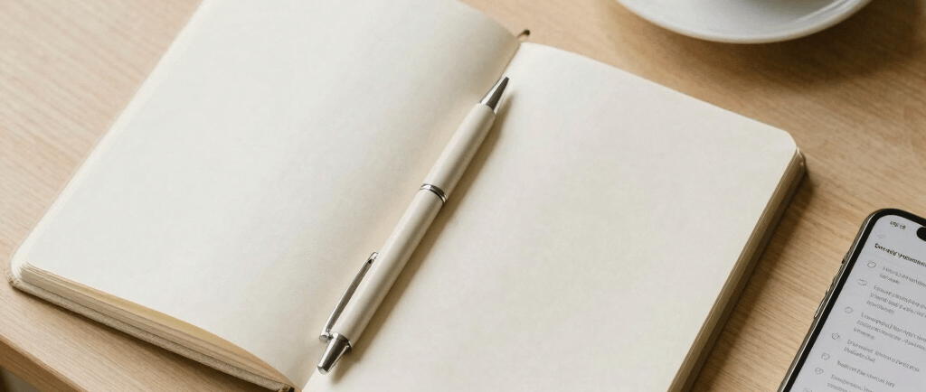 Carnet ouvert et stylo posés sur un bureau en bois clair, téléphone affichant un formulaire RSVP