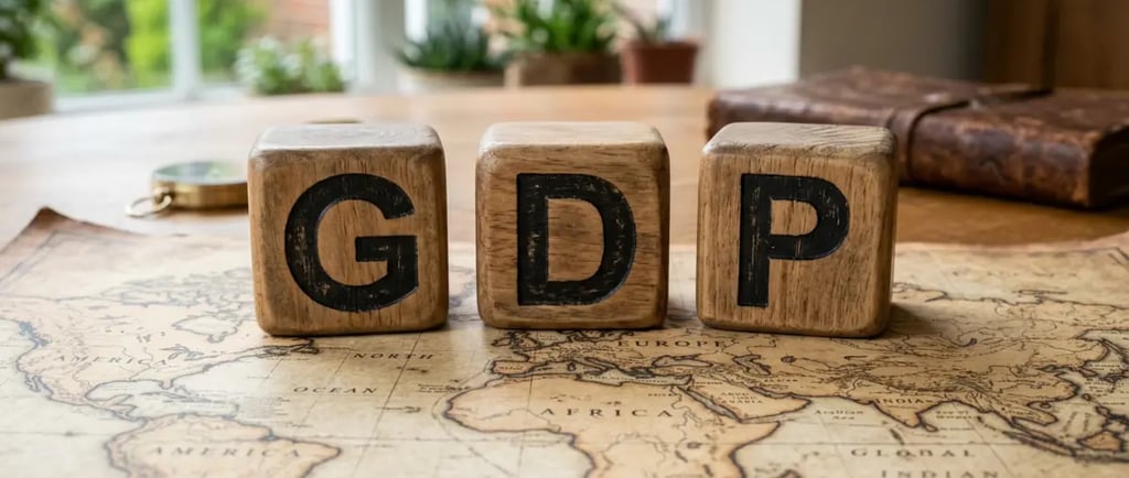 Wooden blocks spelling GDP on a vintage world map