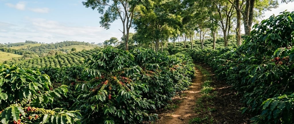 Plantação de café em colinas montanhosas sob céu azul.