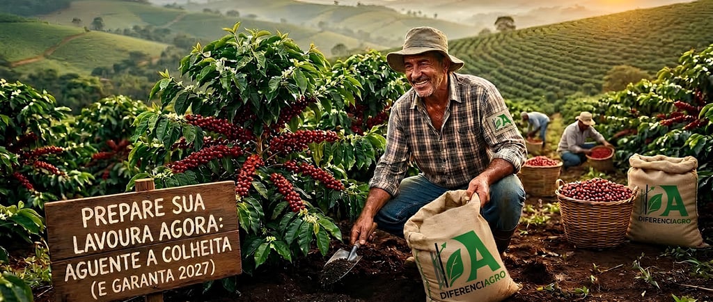 Cafeicultor na lavoura com placa de preparo e sacas da Diferenciagro.