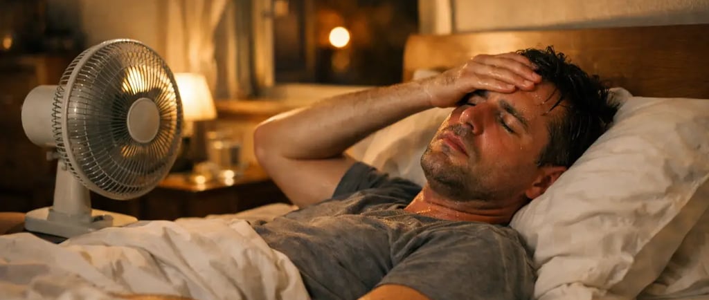 Sweating man lying in bed with a portable electric fan during a summer heatwave.