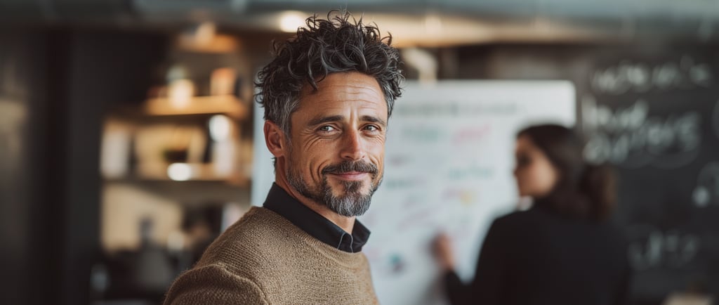Atlas discussing personal brand statement ideas on a whiteboard with a colleague