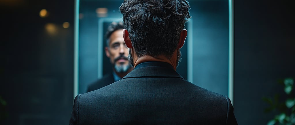 Person looking in mirror seeing a larger confident version of themselves