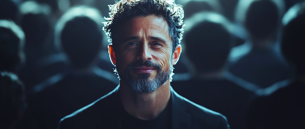 Confident professional standing apart from crowd, symbolizing personal brand leverage