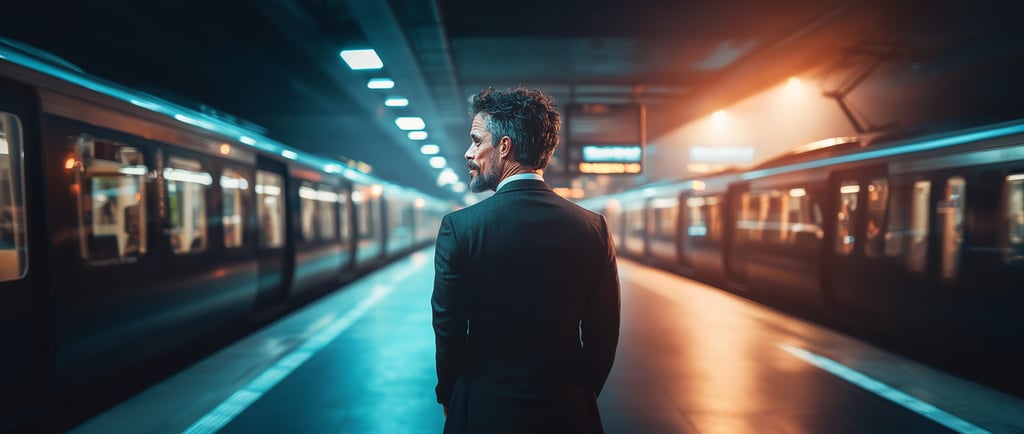 Professional standing at a crossroads while opportunities pass by unnoticed