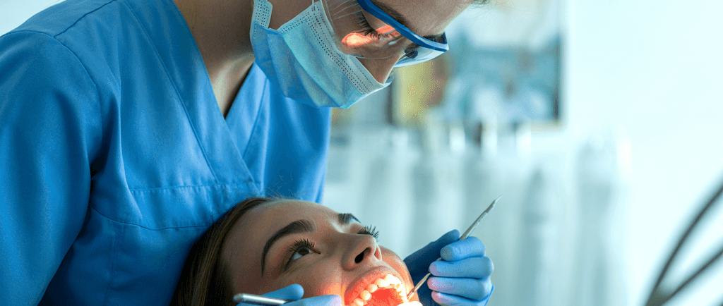 Professional dentist performing a dental checkup and teeth cleaning on a patient in a clinic.