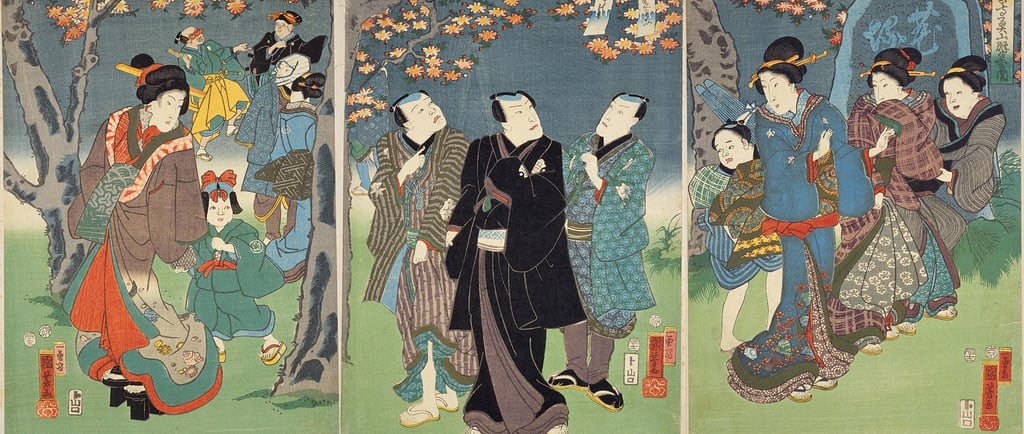 Men & Women in Kimono, from Woodblock Triptych Print 浅草寺奥山群集の図 by Utagawa Kuniyoshi 1856