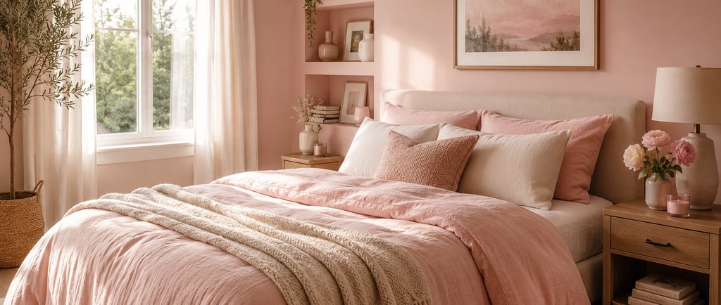 Blush pink bedroom with warm natural light, linen bedding, and wood nightstand