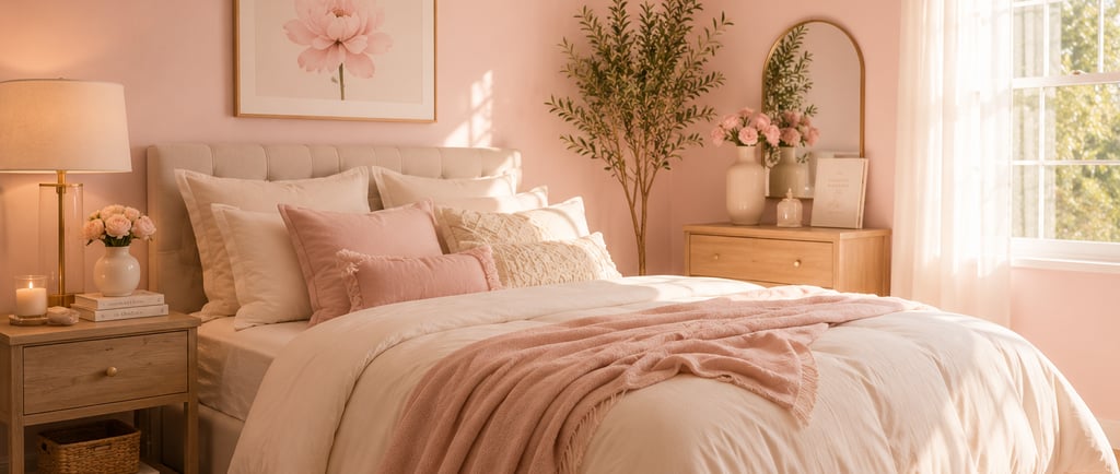 pastel bedroom ideas with blush pink dominant color cream bedding and natural wood