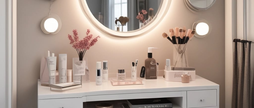 Modern white vanity desk with a backlit circular mirror, makeup organizers, and a pink velvet stool.