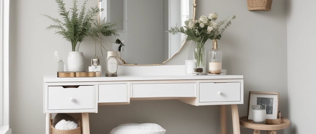 Modern white vanity desk with a gold teardrop mirror, woven storage baskets, and green plants.