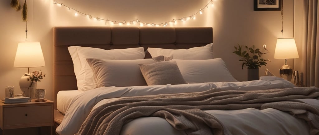 Cozy bedroom interior with warm string lights, bedside lamps, and a neutral duvet set.